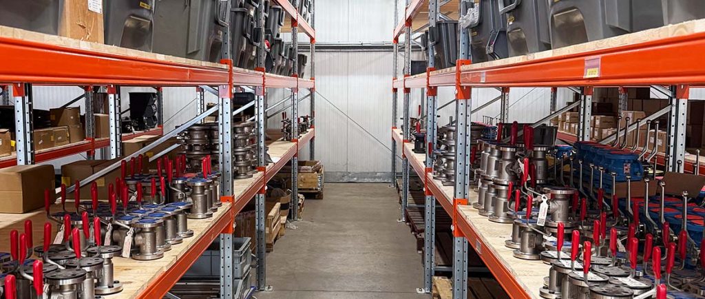 Valve supplier warehouse with valves on the shelves